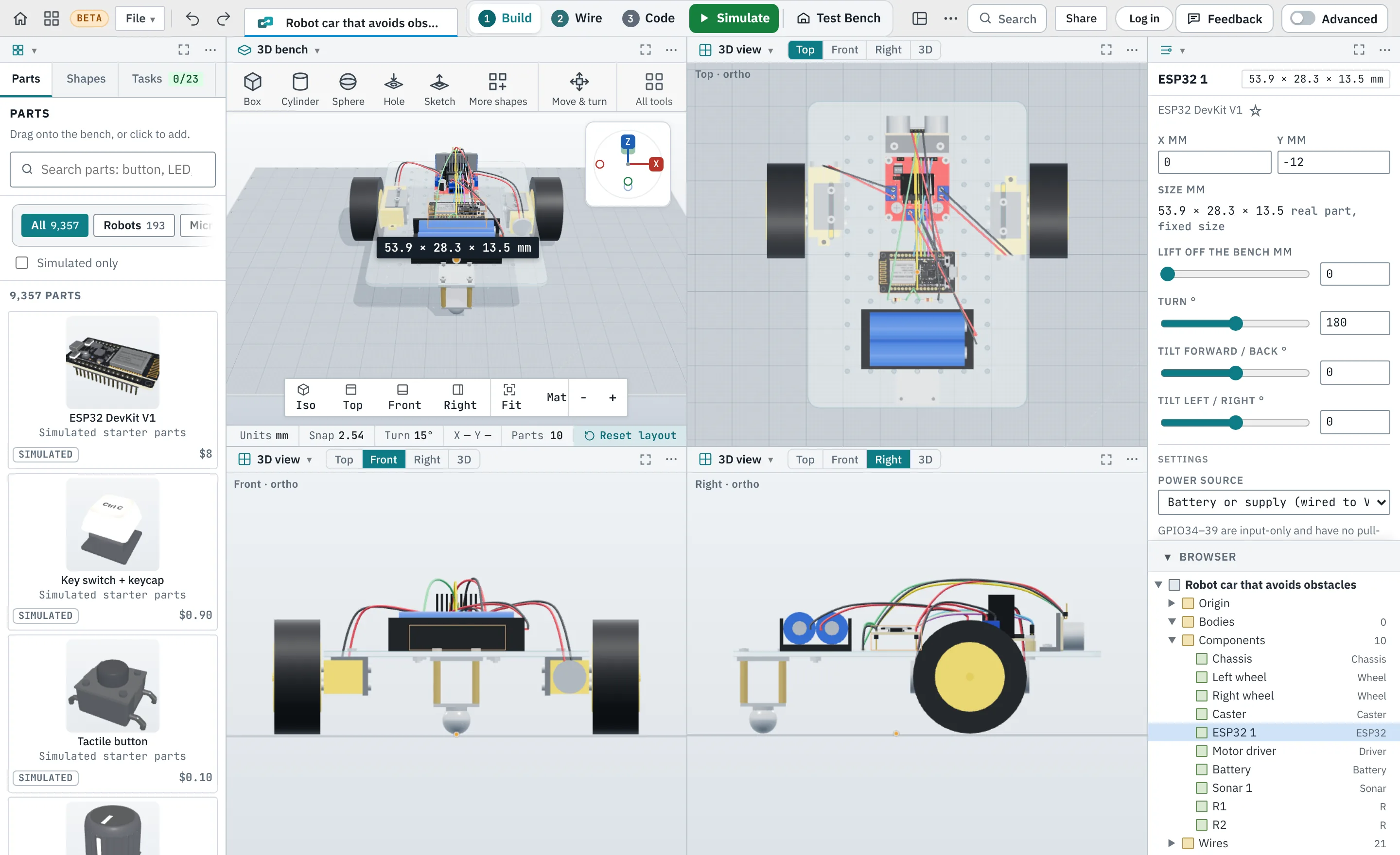 The KoachOr app split into areas: the parts library, the robot car on the 3D bench with Top, Front and Right views, and its properties